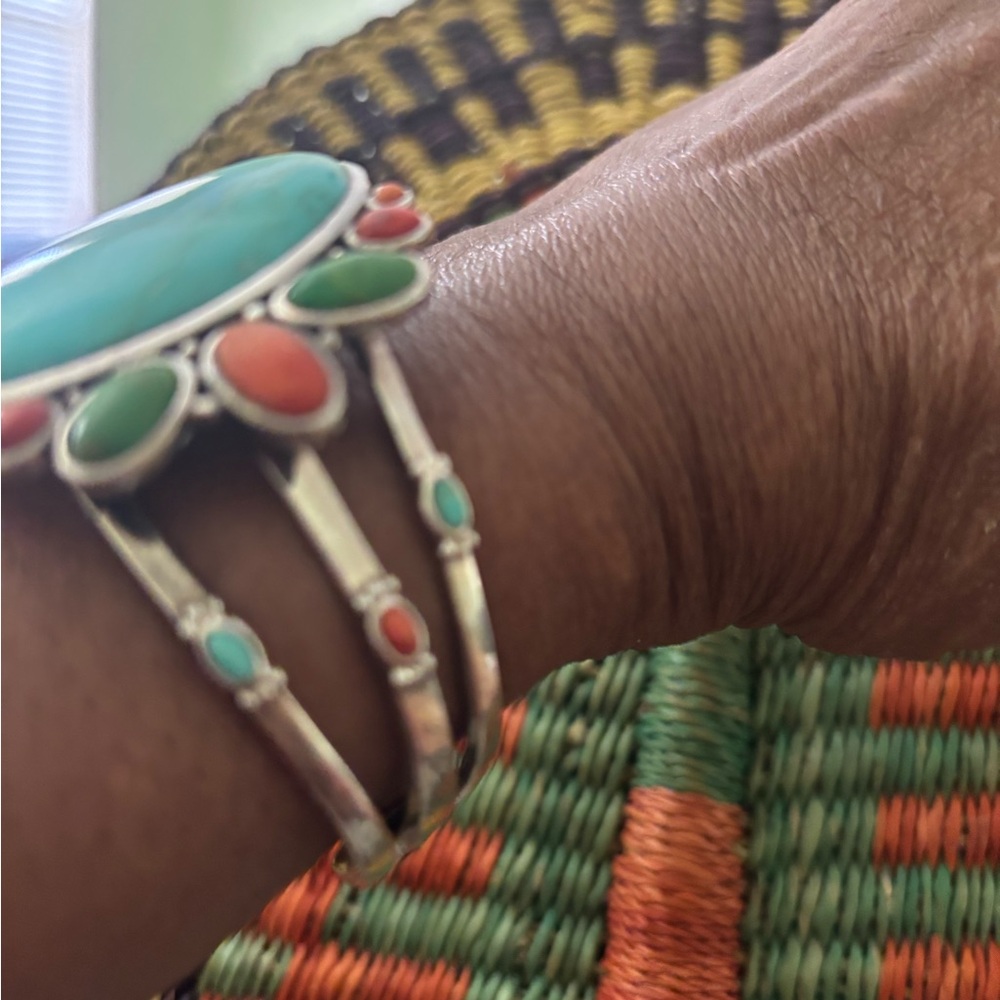 Blue and Orange Statement Cuff Bracelet with Turquoise/wt turquoise ring - Picture 6 of 11